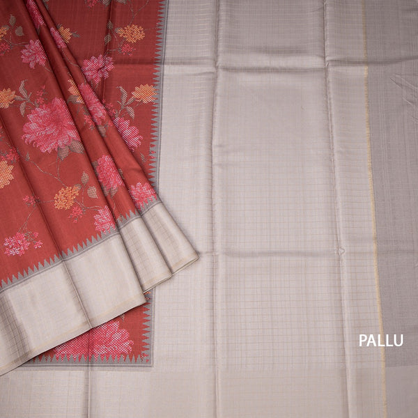 Tussar Maroon Floral Printed Saree With Zari Checks Border