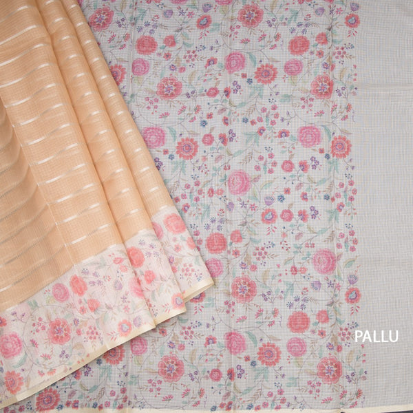 Kota Pastel Orange Zari Stripes Saree With Printed Border