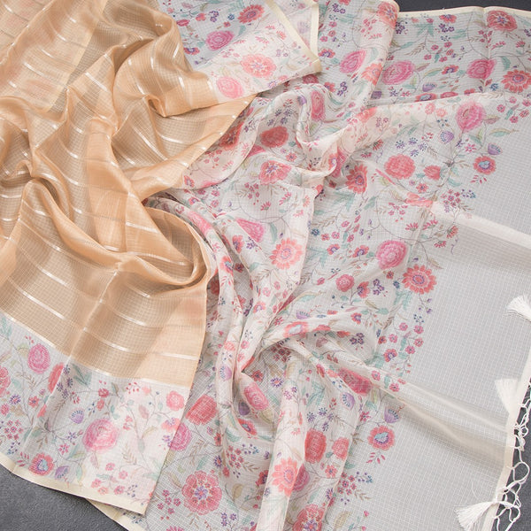 Kota Pastel Orange Zari Stripes Saree With Printed Border