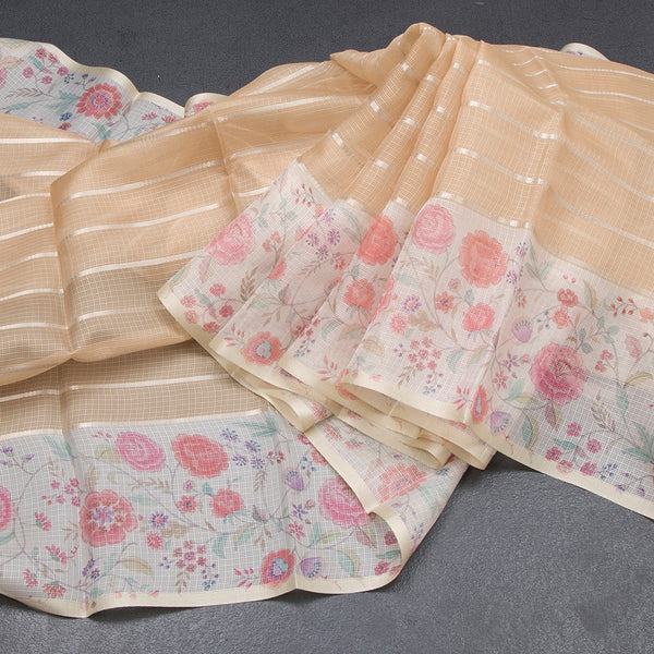 Kota Pastel Orange Zari Stripes Saree With Printed Border