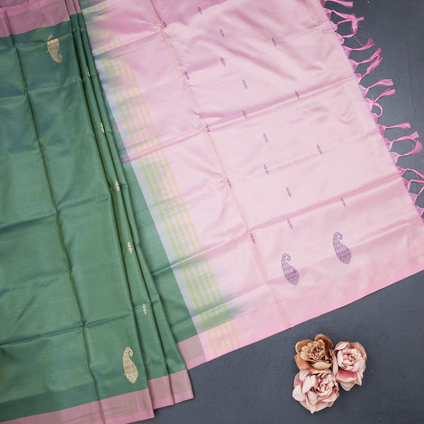 Vaazhai Naar Mehandi Green Saree With Thread Buttas And Contrast Pallu 02