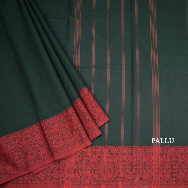 Chettinad Cotton Bottle Green Plain Saree With Thread Border