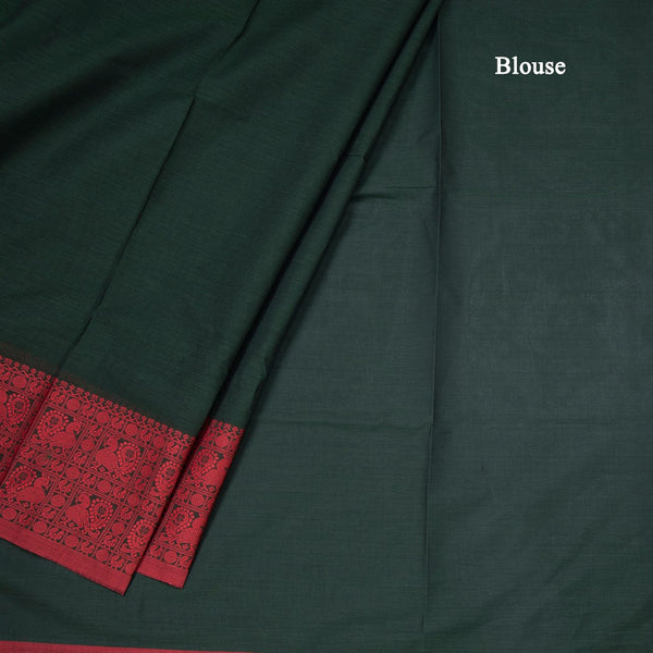 Chettinad Cotton Bottle Green Plain Saree With Thread Border