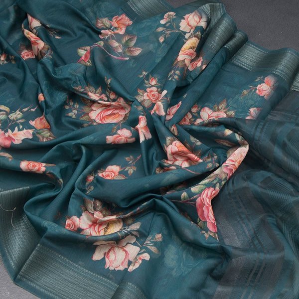 Semi Linen Peacock Green Floral Printed Saree With Zari Border