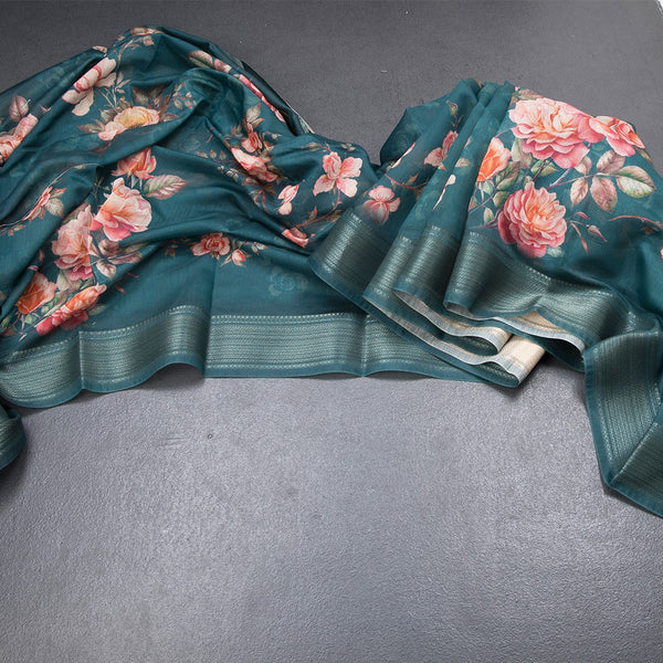 Semi Linen Peacock Green Floral Printed Saree With Zari Border