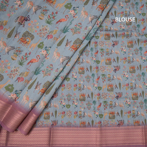 Semi Linen Greyish Blue Printed Saree With Zari Border