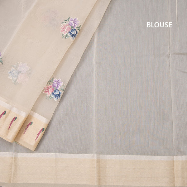 Organza Cream Floral Thread Work Saree With Zari Border