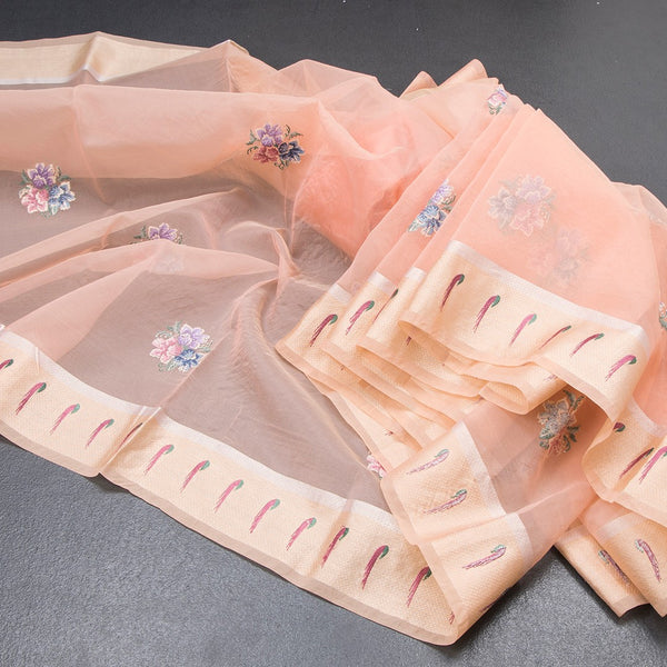 Organza Peach Floral Thread Work Saree With Zari Border