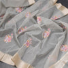 Organza Grey Floral Thread Work Saree With Zari Border