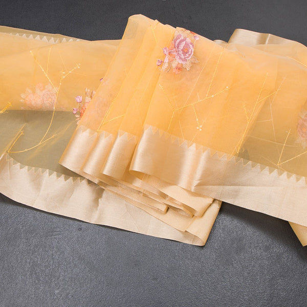 Organza Mango Yellow Floral Thread Work Saree With Zari Border