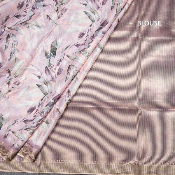 Raw Silk Light Pink Leaf Printed With Mirror Work Saree