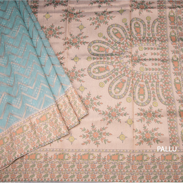 Tussar Sky Blue Zari With Printed Work Saree