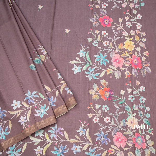 Semi Raw Silk Chocolate Brown Floral Printed Saree