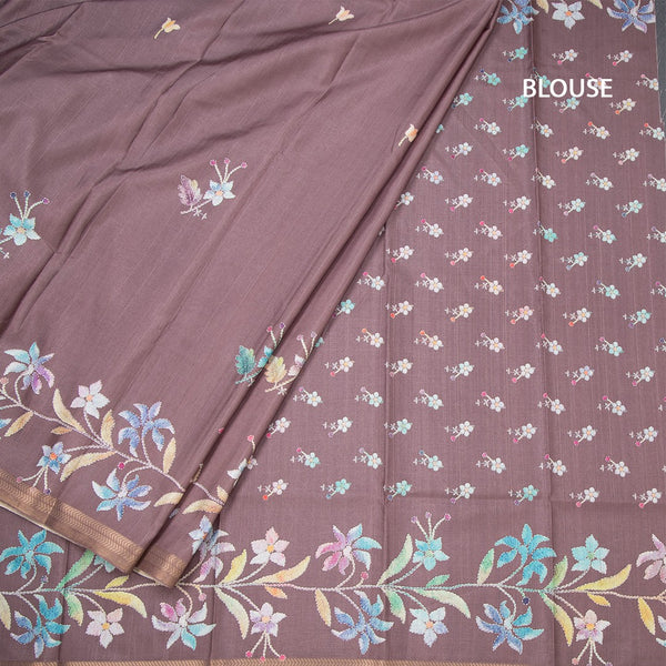 Semi Raw Silk Chocolate Brown Floral Printed Saree