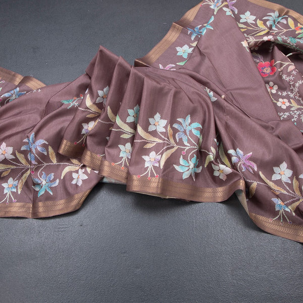 Semi Raw Silk Chocolate Brown Floral Printed Saree