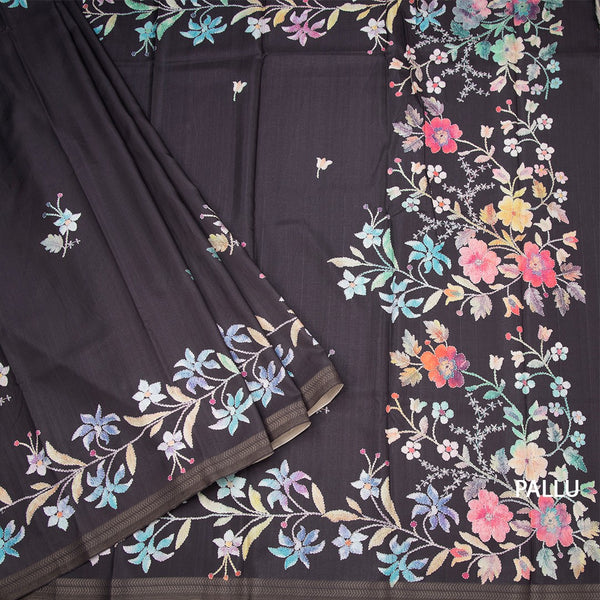 Semi Raw Silk Black Floral Printed Saree