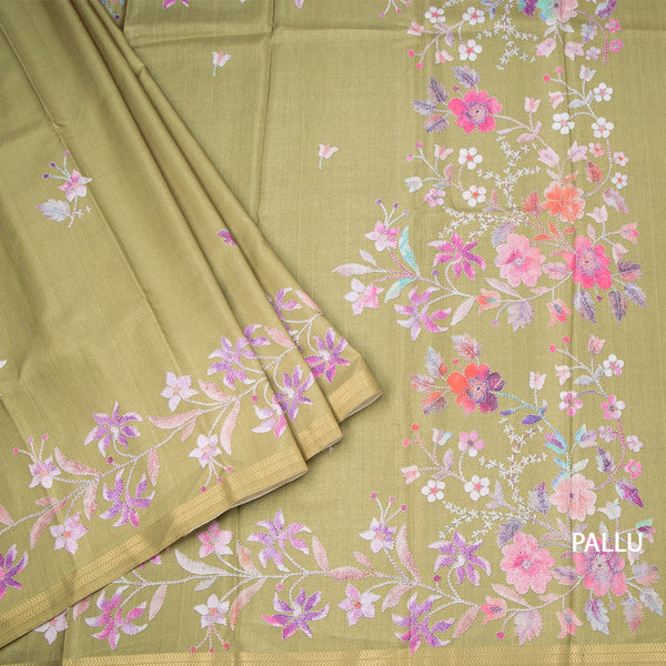 Semi Raw Silk Mehandi Green Floral Printed Saree