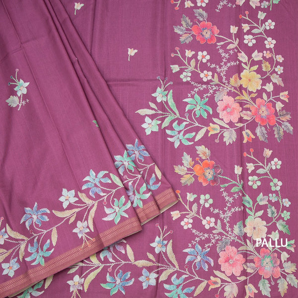 Semi Raw Silk Dark Pink Floral Printed Saree 02