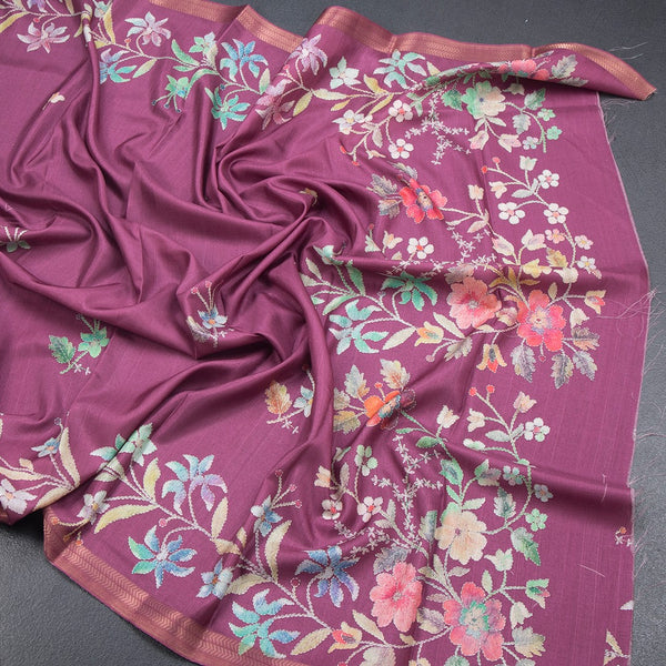 Semi Raw Silk Dark Pink Floral Printed Saree 02
