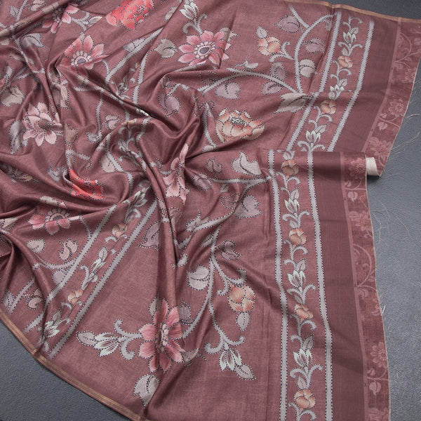 Semi Raw Silk Dark Brown Floral Printed Saree