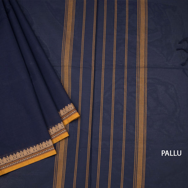 Chettinad Cotton Navy Blue Plain Saree With Thread Border