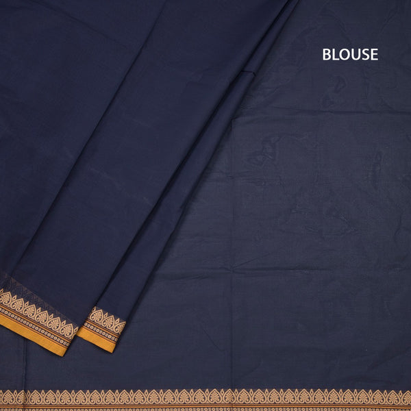 Chettinad Cotton Navy Blue Plain Saree With Thread Border