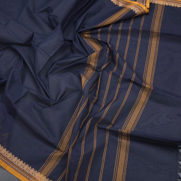 Chettinad Cotton Navy Blue Plain Saree With Thread Border