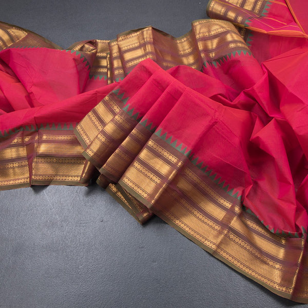Chettinad Cotton Reddish Pink Plain Saree With Zari Border
