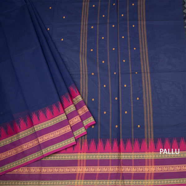 Chettinad Cotton Dark Blue Saree With Thread Buttas And Temple Border