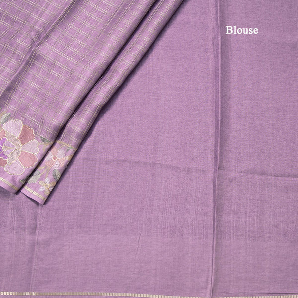 Semi Raw Silk Lavender Zari Checked Saree And Embroidered Border 02