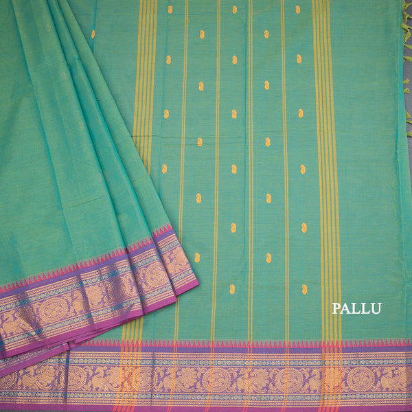 Kanchi Cotton Shot Colour Saree With Thread Buttas And Zari Border