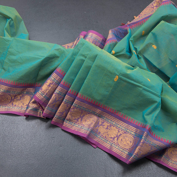 Kanchi Cotton Shot Colour Saree With Thread Buttas And Zari Border