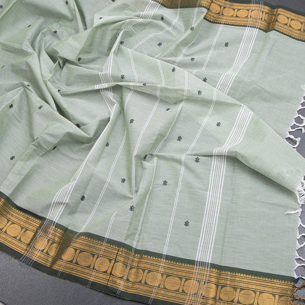 Kanchi Cotton Light Green Saree With Thread Buttas And Zari Border - Kumaran Silks