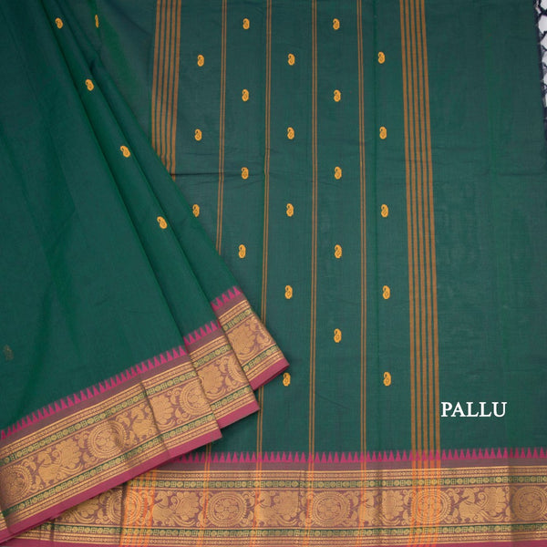 Kanchi Cotton Dark Green Saree With Thread Buttas And Temple Border
