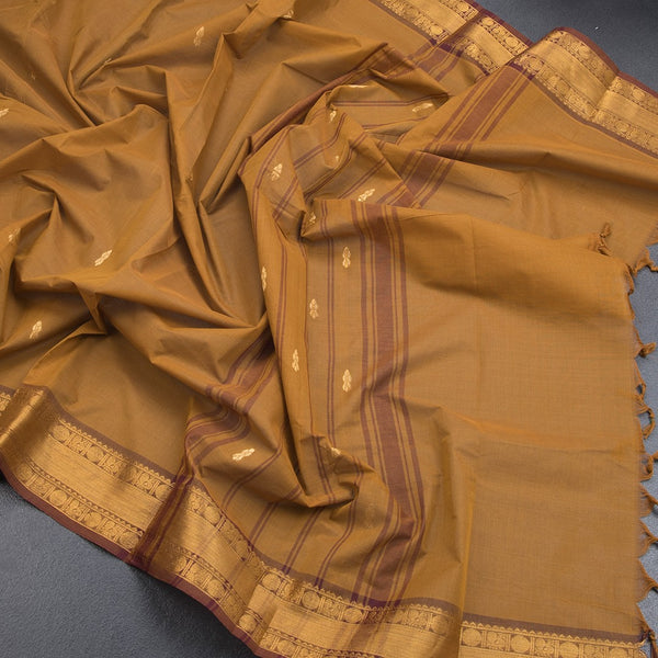 Kanchi Cotton Golden Brown Saree With Zari Buttas And Rettapet Border 02 - Kumaran Silks