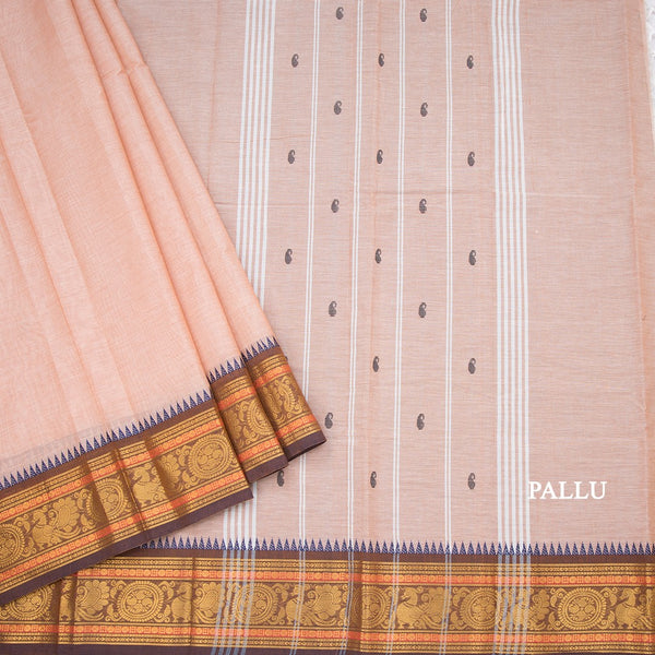 Kanchi Cotton Light Peach Saree With Thread Buttas And Temple Border