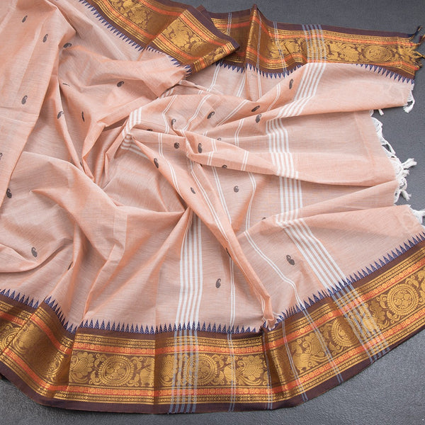 Kanchi Cotton Light Peach Saree With Thread Buttas And Temple Border - Kumaran Silks
