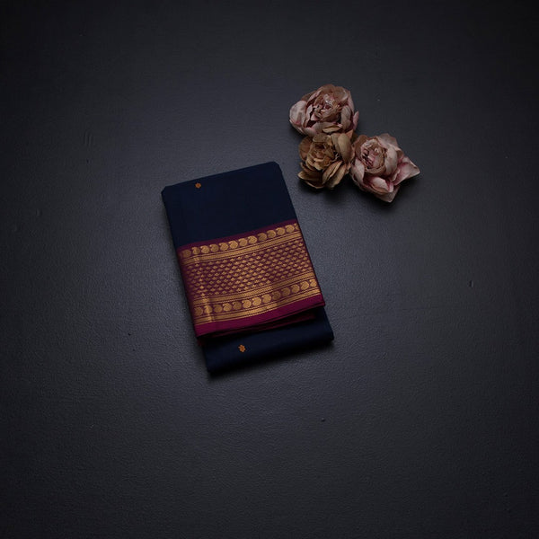 Kanchi Cotton Navy Blue Saree With Thread Buttas And Zari Border