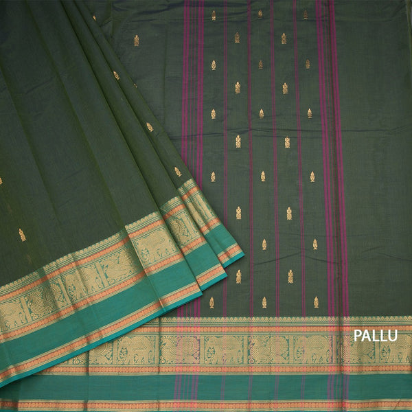 Kanchi Cotton Olive Green Saree With Zari Buttas And Zari Border