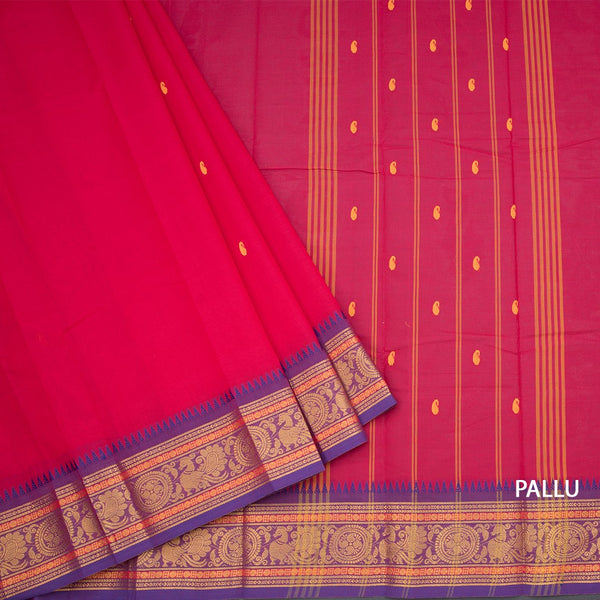 Kanchi Cotton Hot Pink Saree With Thread Buttas And Temple Border