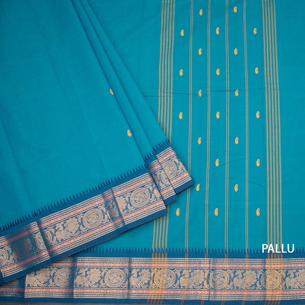Kanchi Cotton Peacock Blue Saree With Thread Buttas And Zari Border