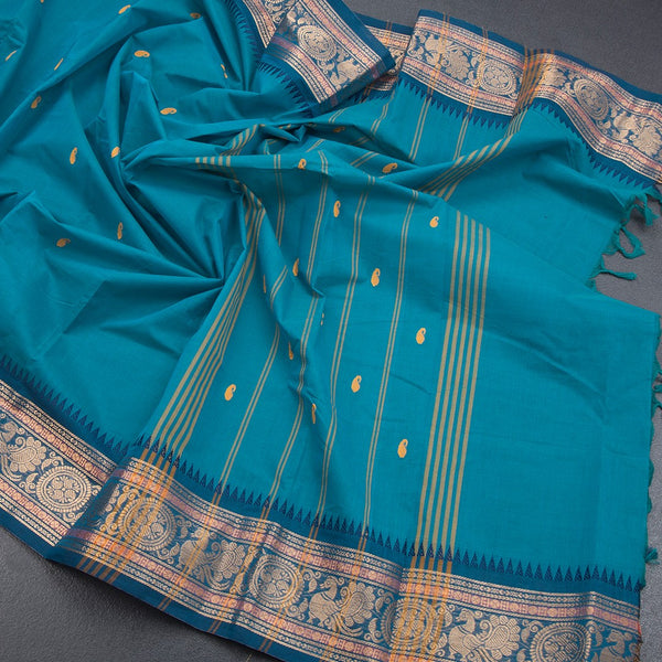 Kanchi Cotton Peacock Blue Saree With Thread Buttas And Zari Border - Kumaran Silks