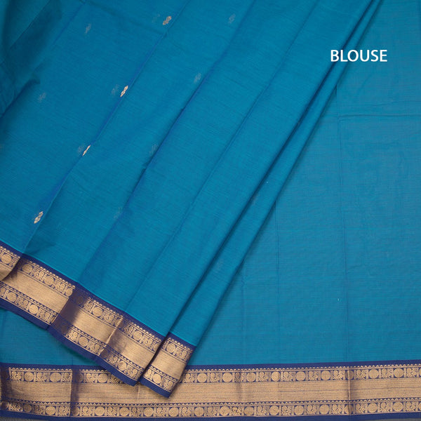 Kanchi Cotton Peacock Blue Saree With Zari Buttas And Rettapet Border
