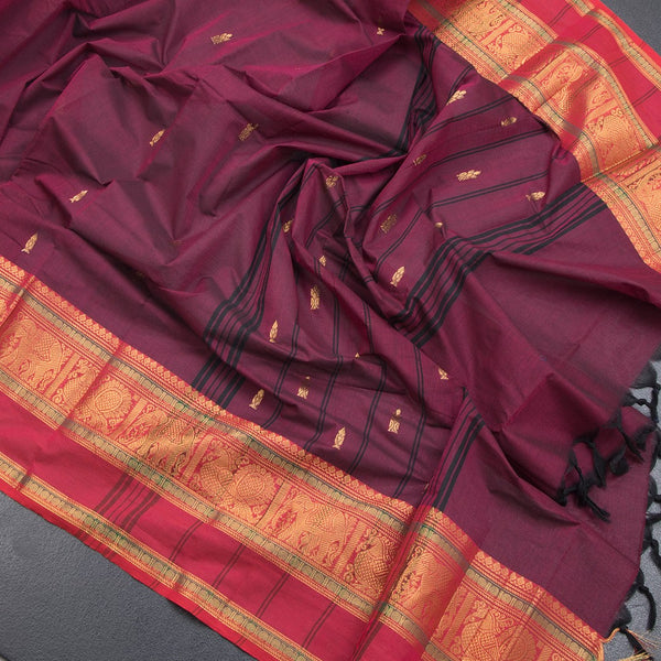 Kanchi Cotton Dark Pink Saree With Zari Buttas And Zari Border - Kumaran Silks
