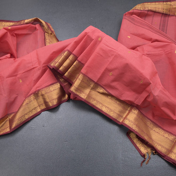 Kanchi Cotton Fiery Rose Pink Saree With Zari Buttas And Rettapet Border