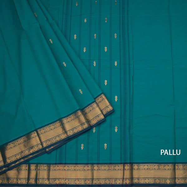 Kanchi Cotton Peacock Green Saree With Zari Buttas And Zari Border