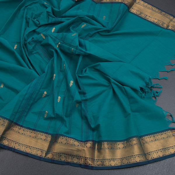 Kanchi Cotton Peacock Green Saree With Zari Buttas And Zari Border - Kumaran Silks