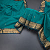 Kanchi Cotton Peacock Green Saree With Zari Buttas And Zari Border