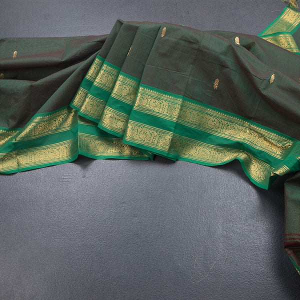 Kanchi Cotton Shot Colour Saree With Zari Buttas And Rettapet Border