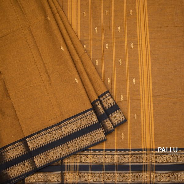 Kanchi Cotton Golden Brown Saree With Zari Buttas And Rettapet Border